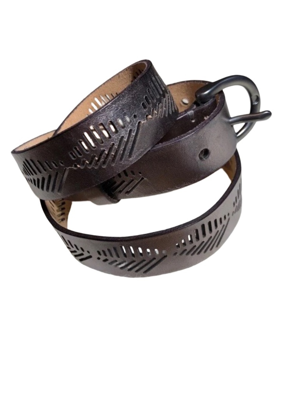 💋Fossil Metallic Pewter Leather Belt - Pierced Leaf Design - Size Large